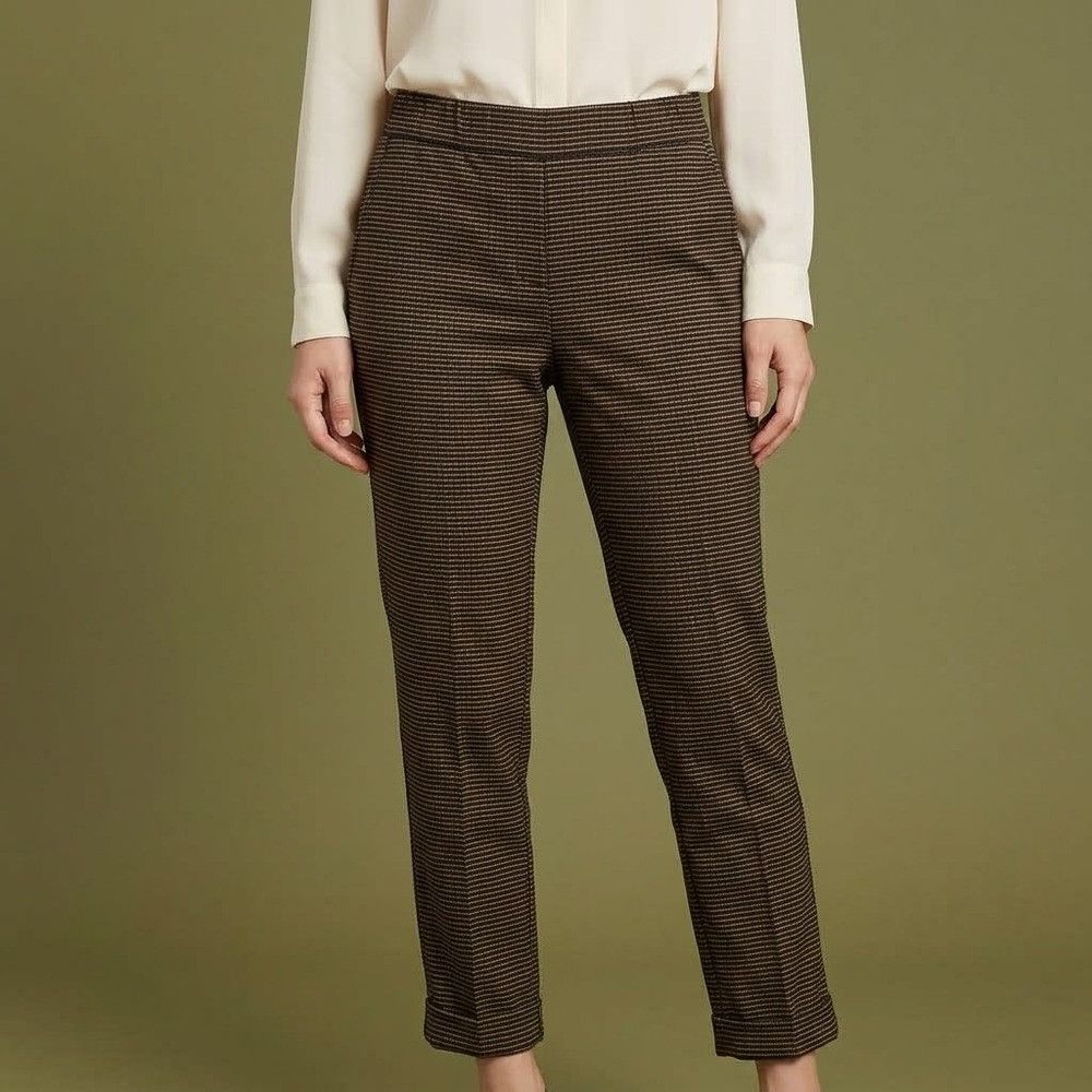 Ann Taylor Factory Petite Ankle Pants Women SP Brown Plaid Elastic Waist EUC‎